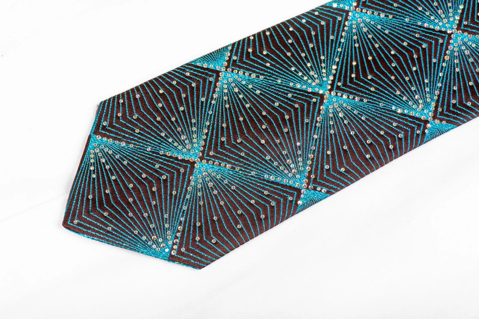 Bruno Baffi Mens Silk Rhinestone Necktie Blue Geometric Lattice On Brown With Blue Sparkles