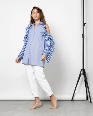 CHECKED RUFFLES SLEEVES STRIPED SHIRT 1094 - قميص