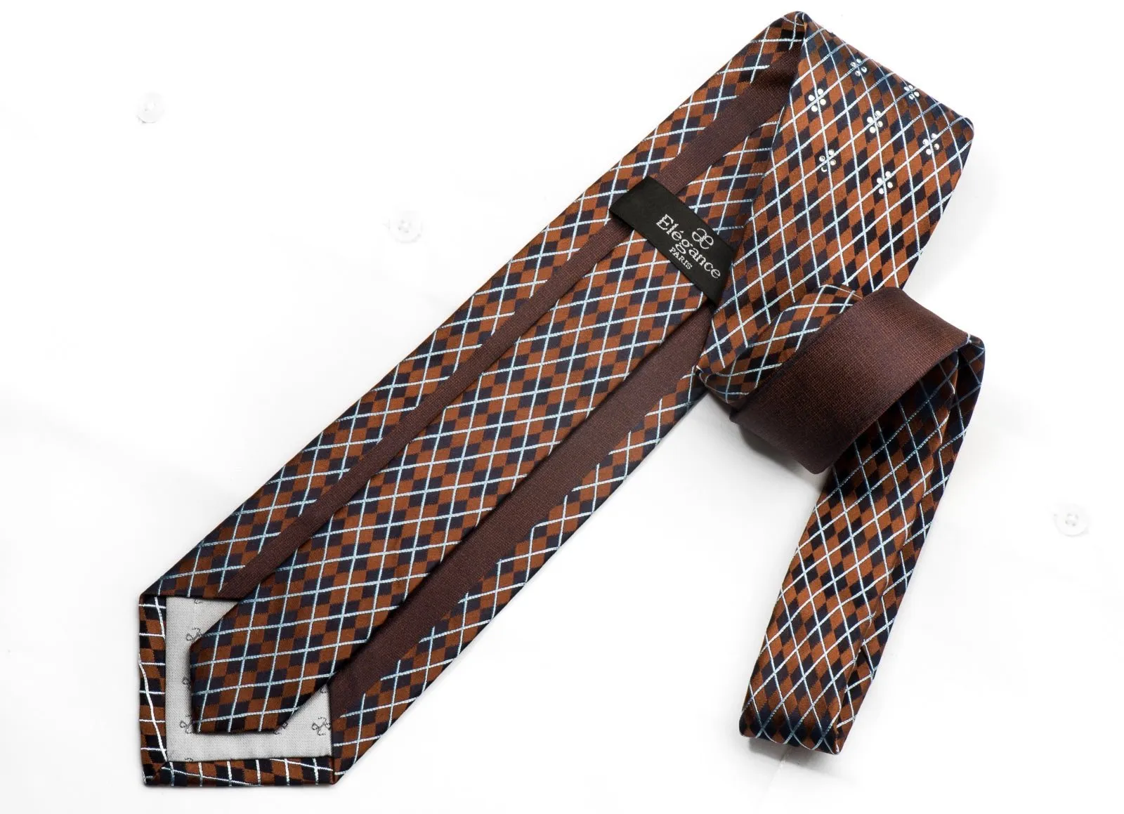 Elegance Men's Silk Necktie Navy Harlequin On Brown Sparkling With Crystal Rhinestones