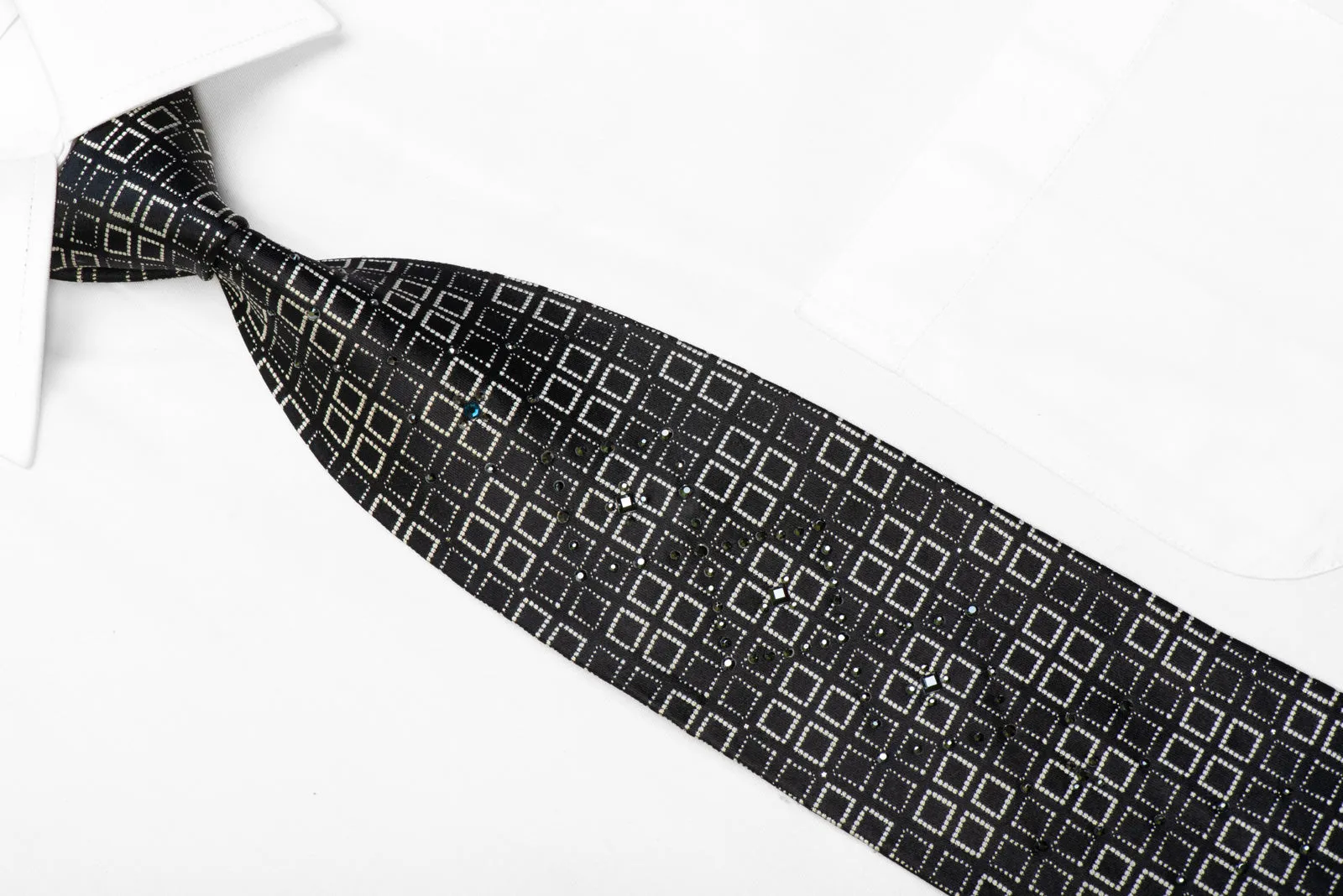 Elegance Silk Tie Silver Squares On Black With Sparkles