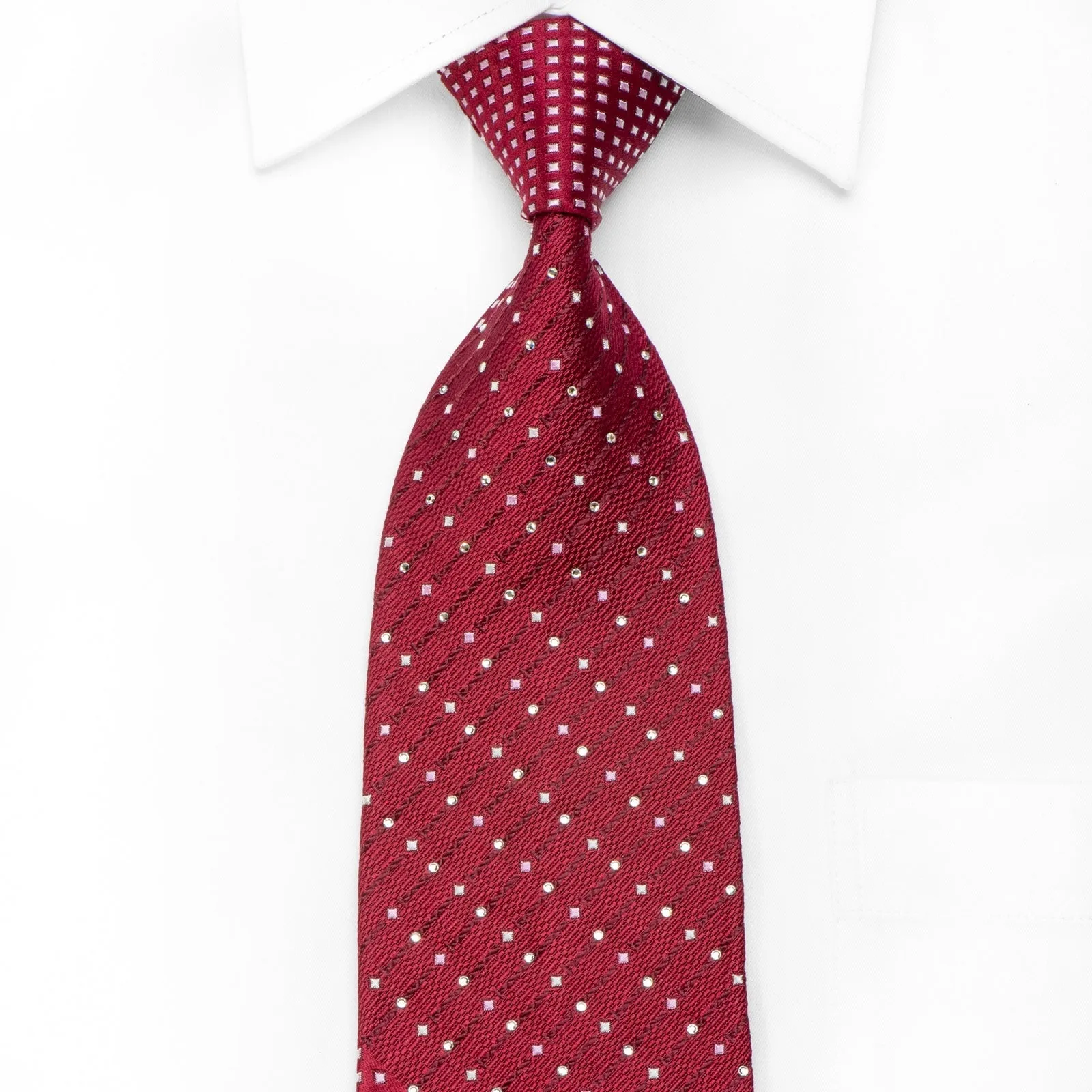 Nina Ricci Men's Crystal Silk Tie Silver Micro Squares On Burgundy