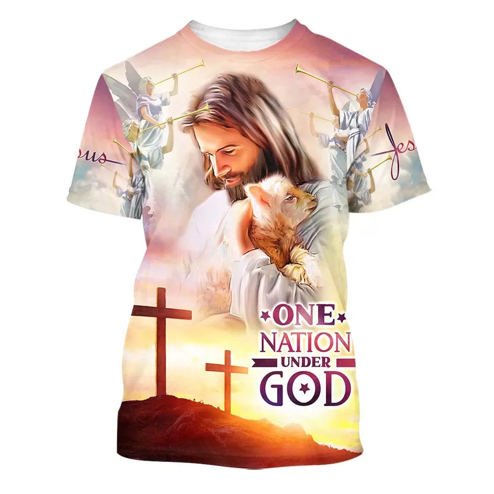 One Nation Under God Jesus Holding Sheep 3d All Over Print Shirt - Christian 3d Shirts For Men Women