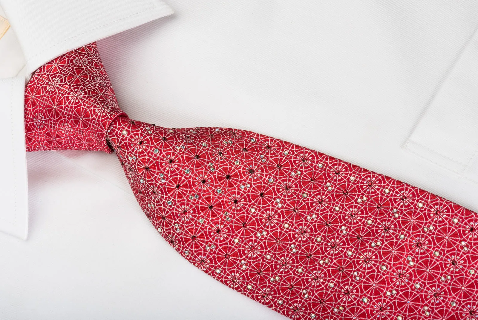 Premierlux Silk Rhinestone Tie Silver Arabesque On Red