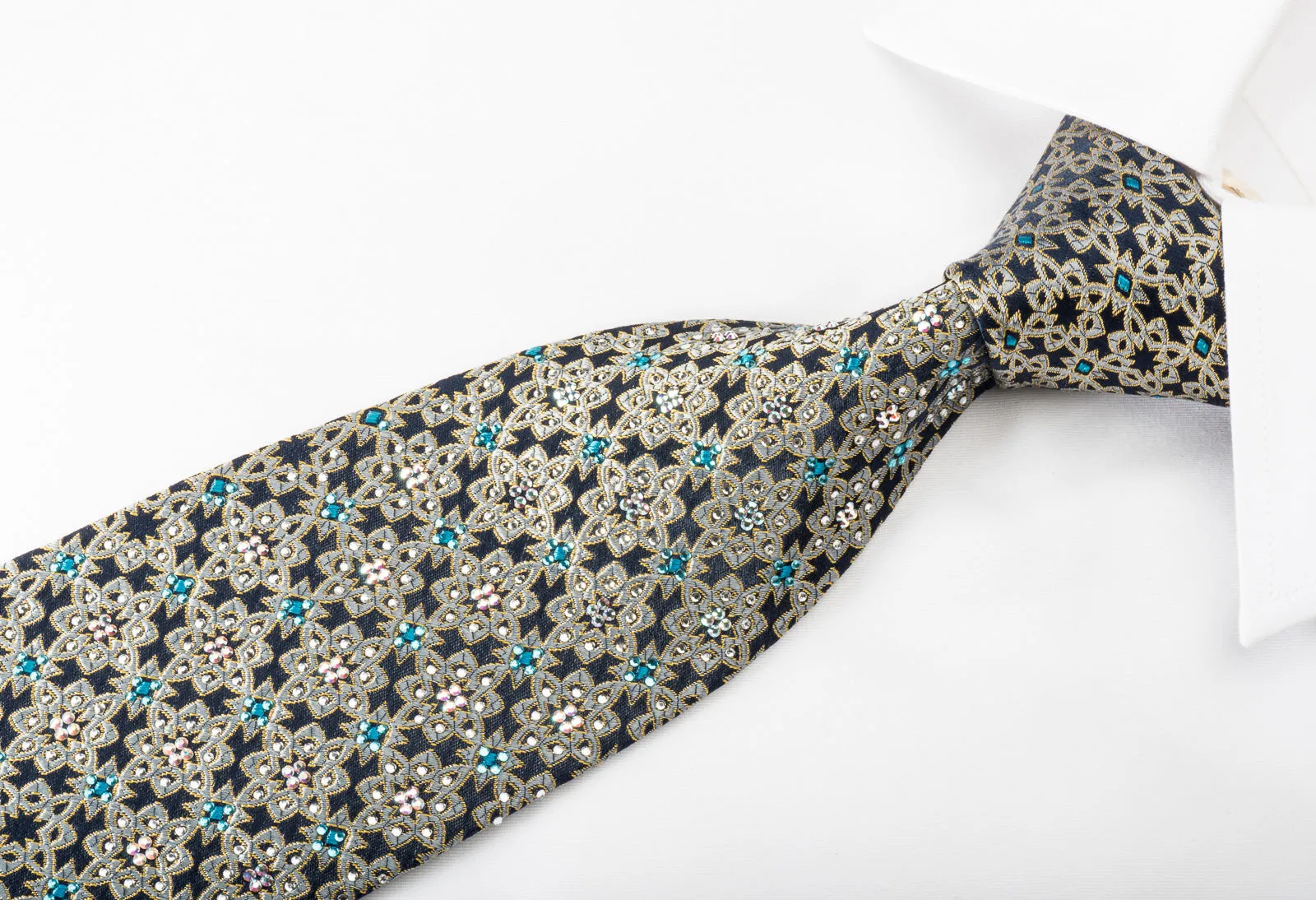 Renoma Rhinestone Silk Necktie Silver Arabesque On Navy With Gold Sparkles