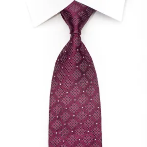 Rogatis Men's Silk Necktie Checked Design On Burgundy With Crystal Rhinestones