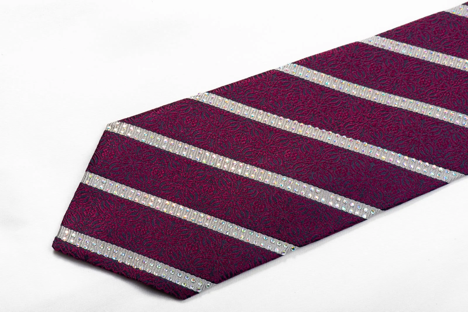 Silver Striped Purple Cartouche On Navy Rhinestone Silk Necktie