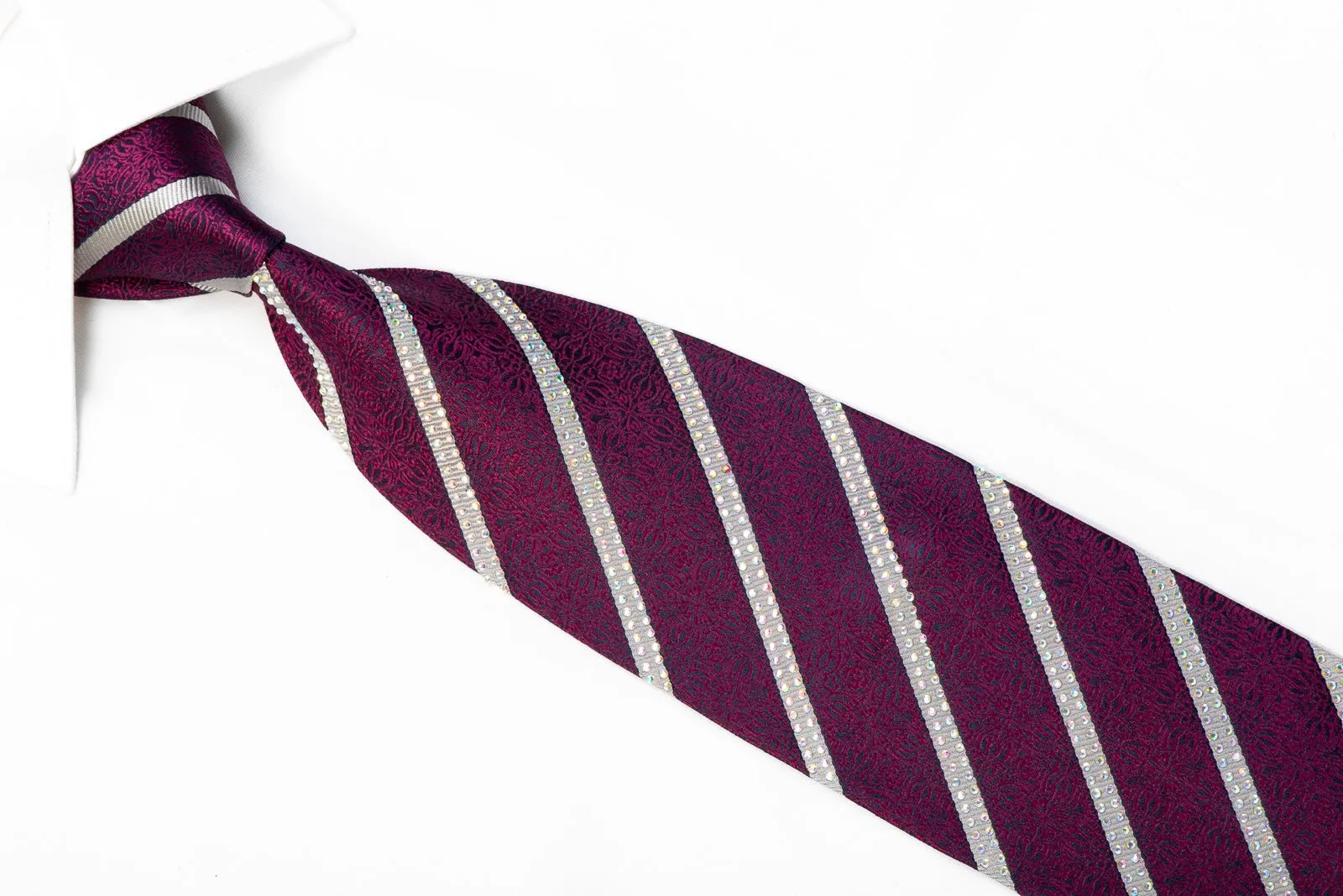 Silver Striped Purple Cartouche On Navy Rhinestone Silk Necktie