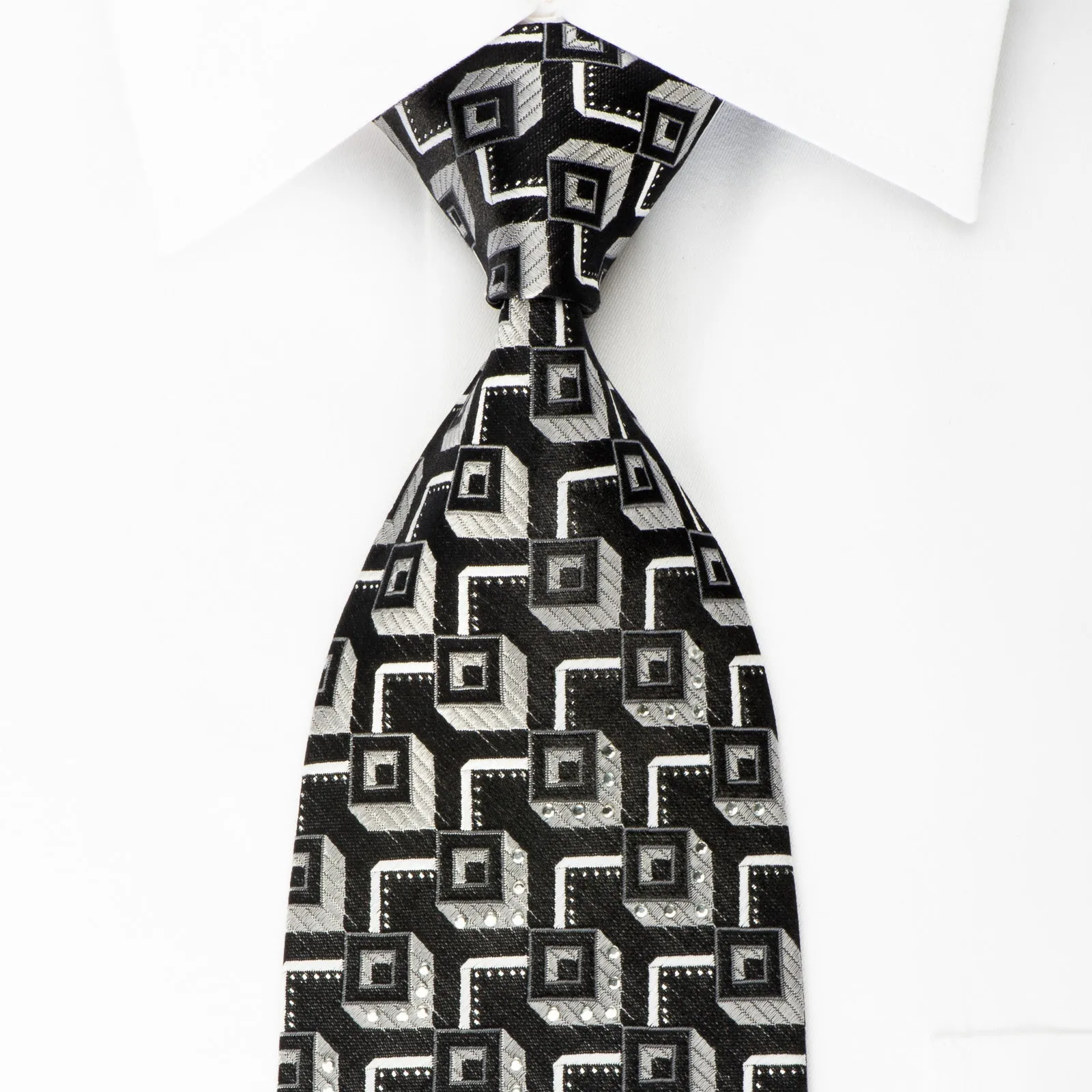 Tino Cosma Rhinestone Silk Necktie Silver Geometric On Black With Silver Sparkles
