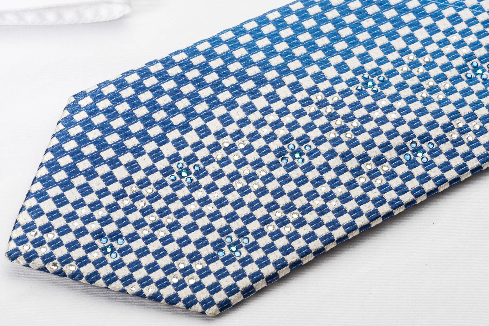 Vacci Silk Rhinestone Necktie Blue White Checker With Silver Sparkles